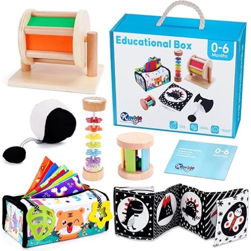 KMTJT Montessori Toys for Babies 0-6 Months | Learning Educational Wooden Sensory Toys for Baby Infant Newborn Toys 0-3-6 Months | Includes Tissue Box, Spinning Drum, Rainmaker and More, Medium