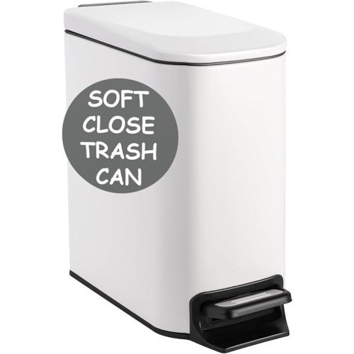 Homie Soft Close, Slim Trash Can 6 Liter / 1.6 Gallon with Anti - Bag Slip Liner and Lid, Use as Mini Garbage Basket, Slim Dust Bin, or Decor in Bathroom, Restroom, Kitchen, or Bedroom (Matte White)