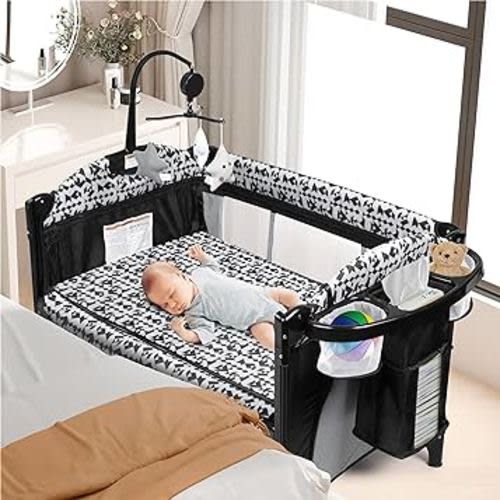 Xilingol 5-in-1 Baby Bassinet Bedside Sleeper, Baby Pack and Play with Changing Table, Portable Baby Crib with Carry Bag, Cosleeper Bassinet Attach to Bed for Newborn to Toddlers