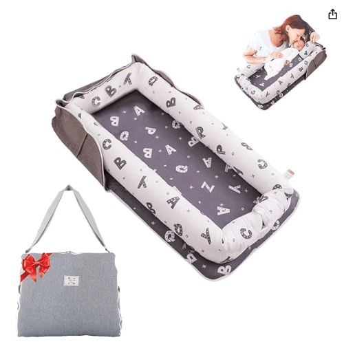 Baby Lounger for Newborn Portable Bag,Baby Nest Play Gym mat with Strap,Newborn Lounger Adjustable Size & Inner Zipper Lengthen Space to 24 Months(Letter Gray)