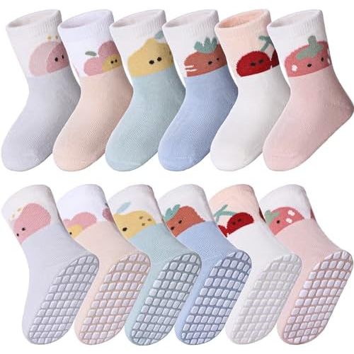 MQELONG 6 Pairs Baby Girls Non Slip Crew Socks Grips Socks for Infants Toddlers Kids Girls