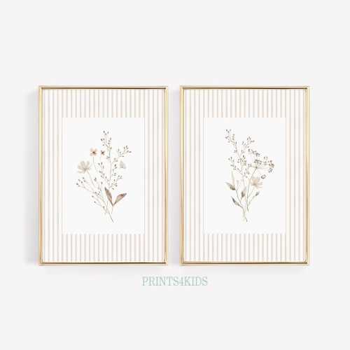 Neutral Wildflower Wall Art, Soft Tones Botanical Set of 2 Mailed Prints, Floral Nursery Decor, Vintage Watercolor Flowers Baby Room Art