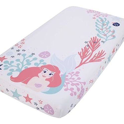 Disney The Little Mermaid Ariel - Coral, Aqua & White Photo Op Fitted Crib Sheet, Coral, Aqua, Pink, Navy