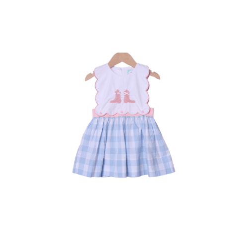 French Knot Boots and Bow Blue Gingham Dress