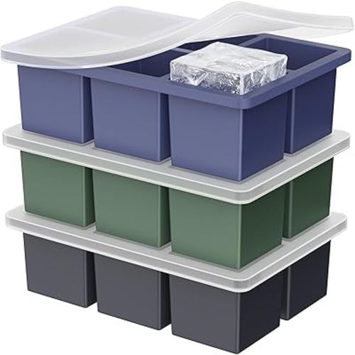 Large Ice Cube Tray for Whiskey: 2inch Big Silicone Ice Trays with Lid for Whisky - 3Pack Old Fashioned Ice Cube Trays for Cocktail - Huge Square Cubed Bourbon Ice Cube Maker