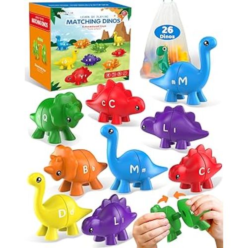 26PCS Dinosaur Alphabet Learning Toys for Toddlers 2-4, Montessori Educational Toys Gifts for 2 3 4 Year Old Boy Girl, Double Sided ABC Matching Game, Preschool Activities Fine Motor Toys for Kids 3-5