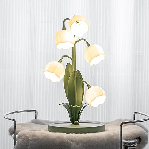 Flower Table Lamp, Vintage Lily of The Valley Desk Lamp for Bedside 3 Color Modes Cute Reading Night Light with LED Bulbs for Bedroom, Living Room, Office, Entrance Home Decor (Green)