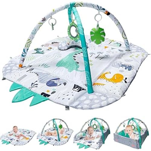 Baby Gym Play Mat with 5 Removable Hanging Toys,Dinosaur Animal with Ball Pit Infant Activity Gym for Sensory and Motor Skill Development Language Discovery,Thickened Mat, Tummy Time Mat,Newborn Gift