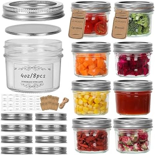 Small Mason Jars 8 Pack, 4oz/120ml Mini Canning Jars with Regular Lids for Jelly Herbs Spice Honey Storage, Small Glass Jars Candle jars, Extra Lids Tags Label Included