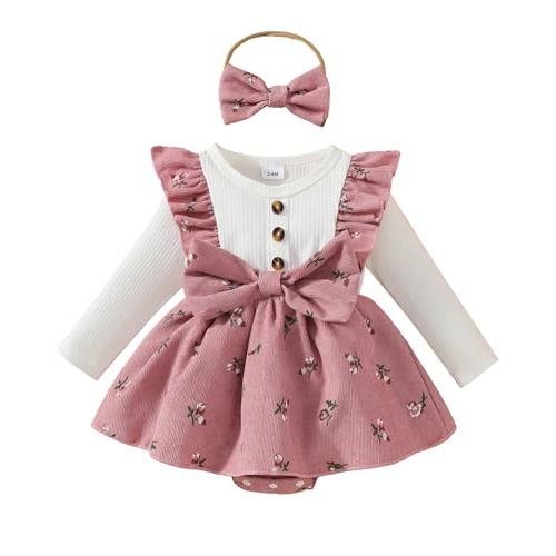 Newborn Baby Girl Fall Winter Outfits Infant Ribbed Romper Dress Ruffle Long Sleeve Clothes Jumpsuit with Bow Headband