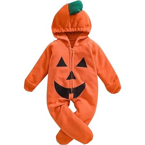 Halloween Romper for Infant Baby Pumpkin Hooded Long Sleeve One Piece Jumpsuit Full Zip Footie Playsuit Outfit