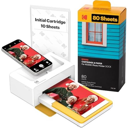 KODAK Dock Plus 4PASS Instant Photo Printer (4x6 inches) + 90 Sheets Bundle (10 Initial Sheets + 80 Sheet Pack)