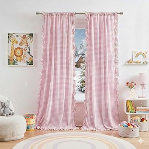 ZJDECOR Light Pink Buffalo Plaid Ruffle Curtains 84 Inches Long for Girls Room,Crinkled Not-See-Through Sheer Drapes,Shabby Chic Window Treatment for Bedroom Living Room,Rod Pocket,40"Wx84"L,Pack of 2