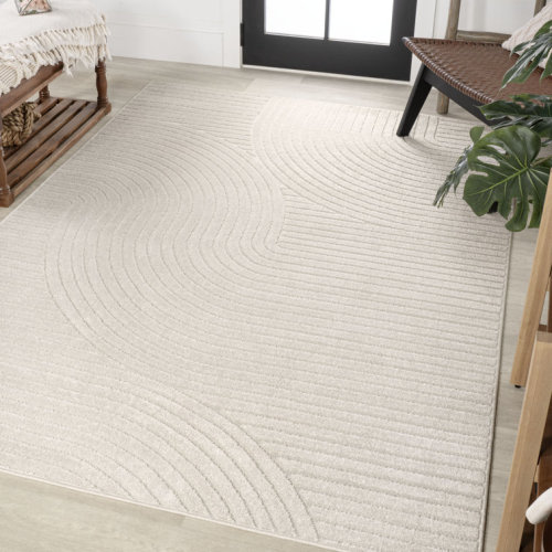High-Low Minimalist Curve Geometric Ivory/Cream Indoor/Outdoor Rug