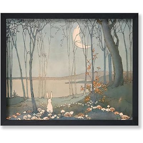 Poster Master New Moon Poster - Retro Bunny in The Woods Print - Mushroom Art - Crescent Moon Art - White Rabbit Art - Fairytale Art - Aesthetic Kid's Room or Nursery Decor - 8x10 UNFRAMED Wall Art