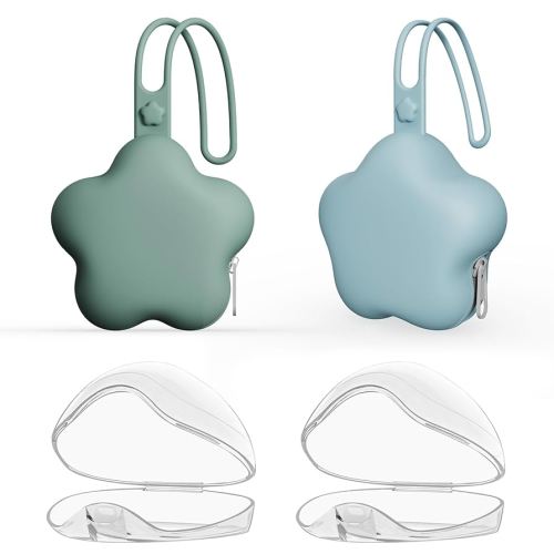 4 Pack Pacifier Holder Case,2pcs Silicone Portable Pacifier Pouch and 2pcs Transparent Nipple Holder Case Container, On-The-GO Pacifier Storage Container Box,BPA Free, Easy to Clean(Green+Blue)