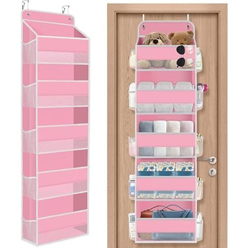 5-Tier Over The Door Organizer Hanging Storage Organizers with Clear Window 40lb Large Capacity Room Organizer for Pantry Bathroom Nursery Closet(Pink)