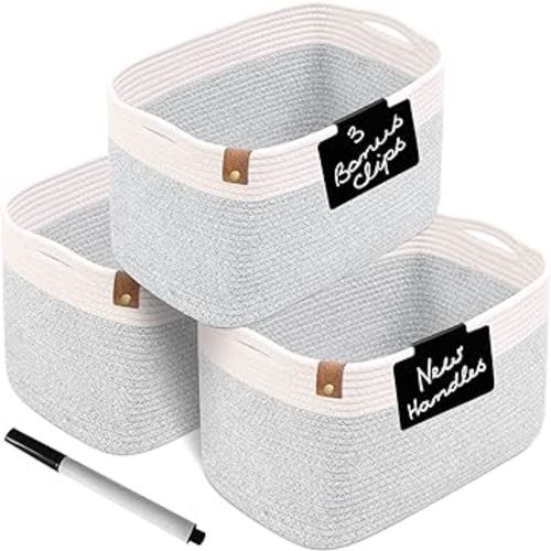 CHAT BLANC Cotton Rope Baskets for Organizing | Storage Baskets for Shelves | Rope Basket for Storage, Small Laundry Baskets, Woven Baskets for Storage, Dog Toy Bin, Baby Basket,Off White &Gray 3 Pack