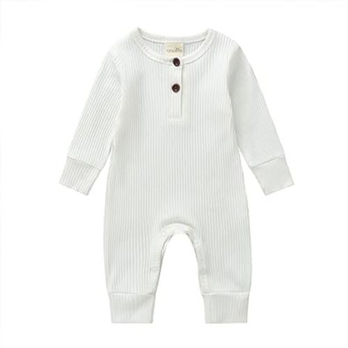 Newborn Baby Boy Romper Plain Long Sleeve Ribbed Button Deco Jumpsuit Bodysuit Baby Girl Photoshoot Outfit