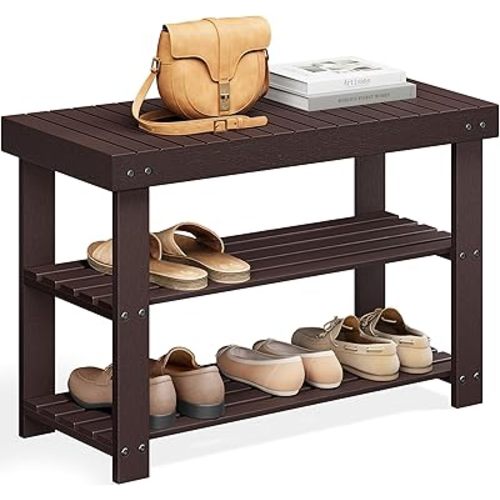 SONGMICS Shoe Rack Bench, 3-Tier Bamboo Shoe Storage Organizer, Entryway Bench, Holds Up to 286 lb, 11.3 x 27.6 x 17.8 Inches, for Entryway Bathroom Bedroom, Brown ULBS04Z