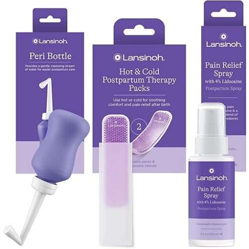 Lansinoh 4% Lidocaine Perineal Spray, Pain Relief, Postpartum Care, 3.5 Oz + Hot & Cold Pads, Postpartum Essentials, 2 Ct Postpartum Pads + Upside Down Peri Bottle for Gentle Cleansing, 12.2 Oz Bottle
