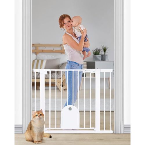 Newnice 29.7"-40.6" Wide Auto Close Baby Gate with Small Cat Door, Easy Walk Thru & Durable Dog Pet Gates for Stairs, Doorway, House, Pressure Mounted Safety Child Gate Includes 4 Wall Cups