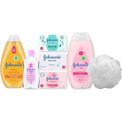 Johnsons Baby Gift Set Bundle with Baby Bath Sponge, Relaxing Aromas, Baby Oil, Bath Shampoo, Lotion, Baby Bar Soap (Original, Blossom & Milk), Hypoallergenic & Paraben-Free, 7 Items in Bundle