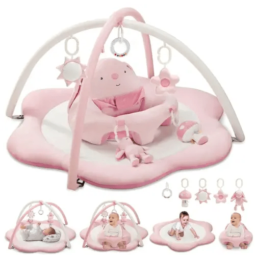 3-in-1 Baby Play Mat, Baby Seats for Infants for Sitting Up, Tummy Time Mat with 5 Detachable Toys, Baby Activity Gym & Playmats for Babies 0-6 6-12 Months, Newborn Baby Shower Gifts