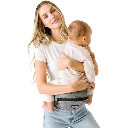 Tushbaby The Original Safety-Certified Hip Carrier for Babies & Toddlers: Machine Washable Child Waist Seat with Pocket Storage, As Seen on Shark Tank (23”-44” Waist, 0-3 yrs up to 45lbs) – Grey