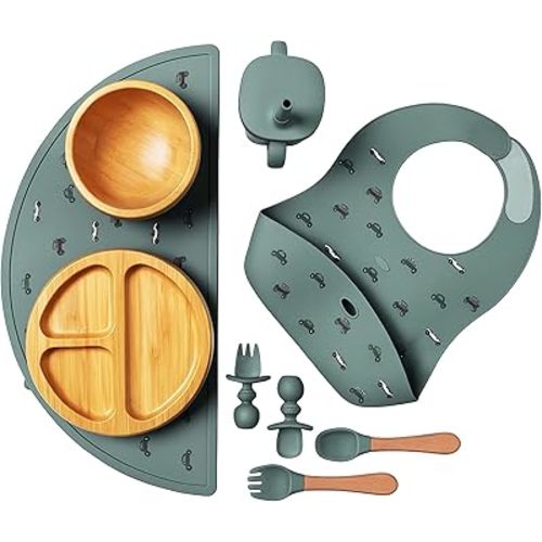 Bamboo Baby Feeding Set for Infants & Toddlers - Baby Essentials, Non-Toxic, Sustainable, Bamboo Suction Plate & Bowl, Bib, Sippy Cup w/Lid & Straw, Perfect Baby Shower Gifts (Pine Gray)