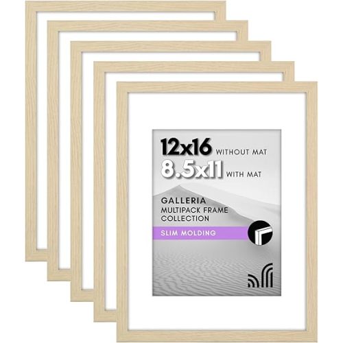 Americanflat 12x16 Picture Frame with Polished Plexiglass - Set of 5 - Use as 8.5x11 Frame with Mat or Display 12x16 Photo Without Mat - Galleria Collection - Picture Frames for Wall - Natural Oak