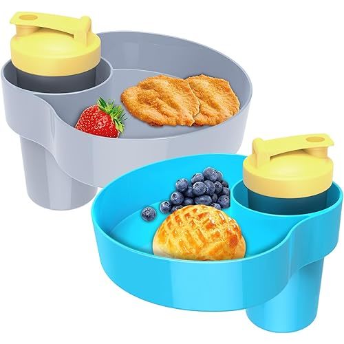 Kids Car Seat Snack Tray, 2PCS Travel Tray for Kids Car Seat with Cup Holder, Toddlers Road Trip Essential Travel Snacks Food Plate Tray for Stroller, Safety Seats (Blue+Gray)