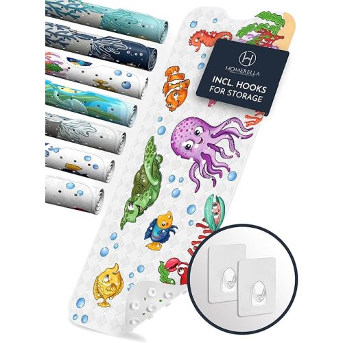 Homerella Baby Bath Tub Mat | Anti Mold Mildew Resistant Non Slip Kids and Adult Bath Tub Shower Mats | 40x16 inch Long with Suction Cups for Secure Grip Hooks for Storage & Drying | Machine Washable