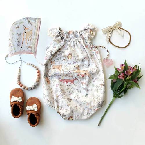 woodland animal baby girl bubble romper- a sweet baby shower gift or coming home outfit, features foxes, deer, birds and squirrels