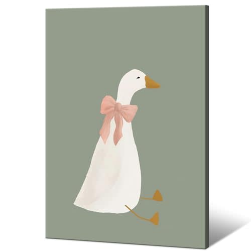 Cute Goose Posters Funny Silly Goose Wall Art Sage Green Nursery Decor Coquette Pink Bow Canvas Prints Farm Animal Aesthetic for Girl's Room Bedroom Dorm Bathroom Home Print 8x12in Framed