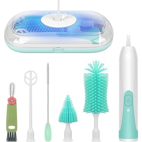 Electric Bottle Brush Cleaner, Maypott Portable Waterproof Silicone Baby Bottle Brush Baby Bottle Drying Rack Travel Bottle Cleaner Kit with Straw Brush, Mixing Head and Cup Gap Cleaning Set (Green)
