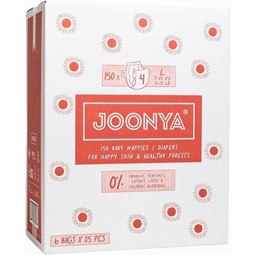 Joonya Baby Diapers, Size 4 L (15-31 lb) - 6 Bags of 25 (150) - **New Range** - NonToxic, Eco-Friendly, Ultra Slim, Overnight Use - Made in Denmark