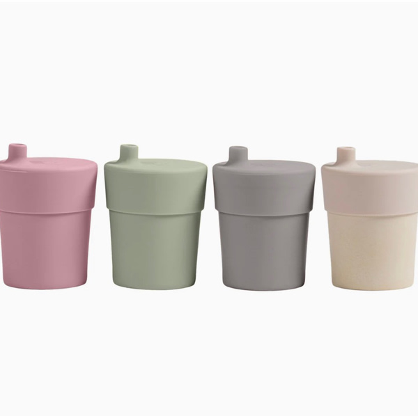 Bamboo Cups with Silicone Sippy Lids – Matte Dark Gray/Green/Off White/Pink – Set of 4