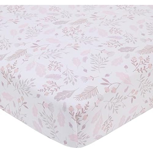 NoJo Sweet Bunny Pink, White, and Taupe Floral Leaf 100% Cotton Nursery Fitted Crib Sheet