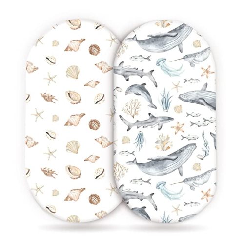 GRSSDER Stretchy Ultra Soft Fitted Bassinet Sheets Set 2 Pack, Cradle Sheet Universal Fit for Rectangle, Oval, or Hourglass Bassinet Pad/Mattress Safe and Snug, Stylish Cute Whale Sea Worl for Baby - Shell