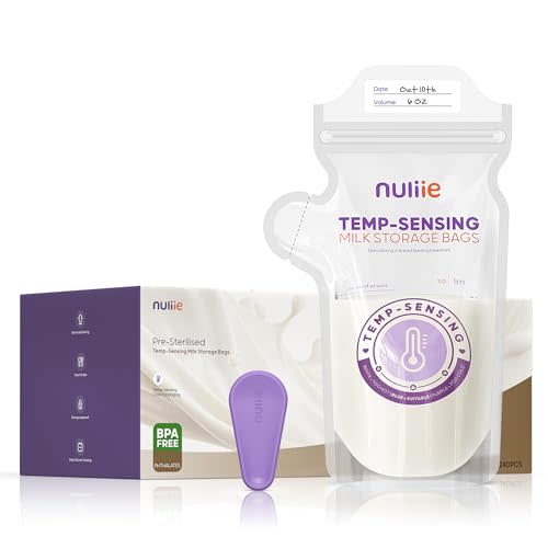 Nuliie 240pcs Temp-Sensing Breastmilk Storage Bag, Huge Temp-Sensing Icon & Locking Clamp, 6oz Breast Milk Storage Bags Freezer Pour Spout, Self Standing Milk Storage Bags Breastmilk, BPA-Free No-Leak