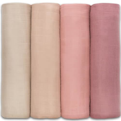 Comfy Cubs Muslin Swaddle Blankets Pack Size - 47 x 47 Inch Soft Cotton Baby Blanket Set, Large Multipurpose Wraps for Newborns - Nursing Cover, Cream, Blush, Bold Blush, Mauve