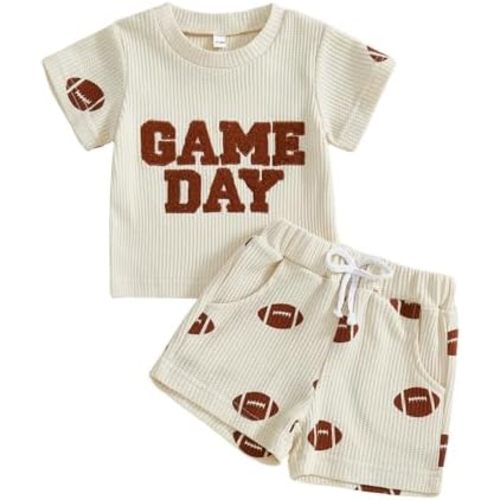 GINEVSAL Baby Boys Basketball Outfits Short Sleeve Letter Embroidery Waffle Shirt and Shorts Set Toddler Football Clothes