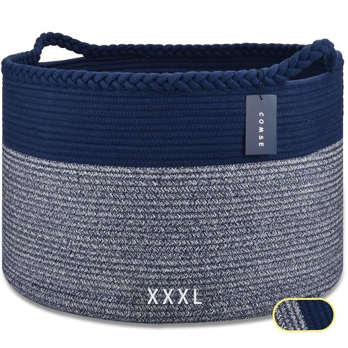 COMSE Extra Large Blanket Basket, Woven Laundry Basket, 21.7”x 13.8”, Nursery Hamper, Cotton Rope Laundry Hamper Living Room for Storage Toys Clothes Towels (Navy Blue)