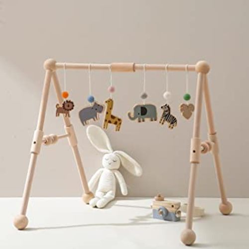 Wooden Baby Gym with 6 Gym Toys, Detachable Wooden Play Gym Frame Activity Gym Hanging Bar Baby Toys for Activity Gym, Ages Newborn + (Zoo Themes)