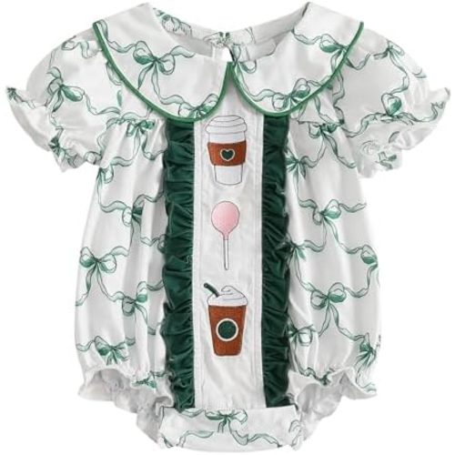 Newborn Baby Girl Summer Outfit Bow Short Puff Sleeve Smocked Bubble Romper Doll Collar Bodysuit Jumpsuit Clothes