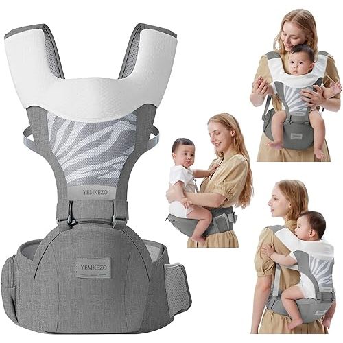 Baby Carrier with Hip Seat, 6-in-1 Baby Carrier Newborn to Toddler for Active Babies, Detachable Hands-Free Infant Carrier for 7-44lbs, All Seasons Toddler Carrier (Grey)