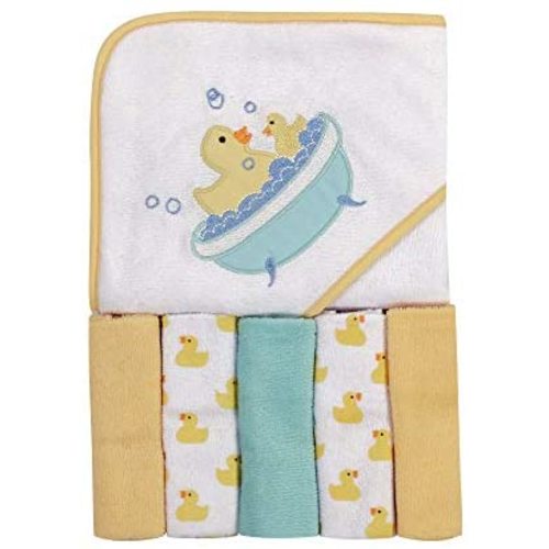 Luvable Friends Unisex Baby Hooded Towel with Five Washcloths, Bathtime Duck, One Size