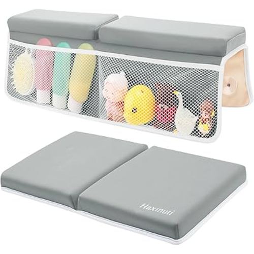 Bath Kneeler and Elbow Rest Pad Set, Thick and Quick Dry Kneeling Pad Support for Knee and Arm, Extra Large Baby Bath Kneeler Pads Bathtub Mat with Toys Organizer for Baby Bath Time, Grey