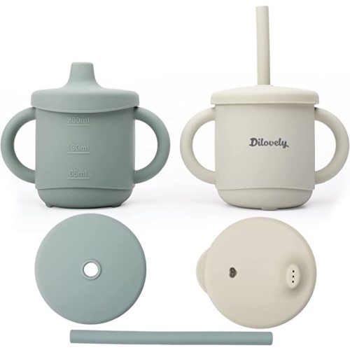 Silicone Sippy Cup for Toddler, Transition Straw Cups for baby 12 months +, Unbreakable Kids Cups 3 in 1, 2 Pack Dishwasher & Microwave Safe, BPA Free 7oz Green - Green Milieu